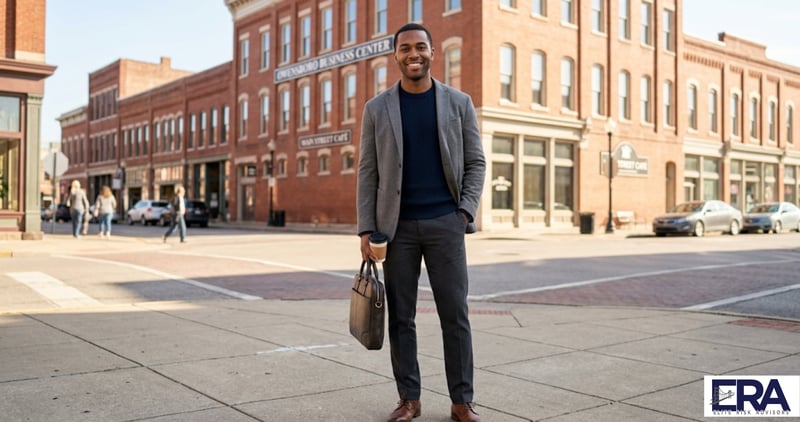 Young professional on downtown Owensboro Main Street representing single adults who need life insurance