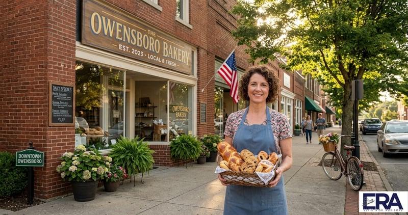 Small business owner on Main Street in Owensboro Kentucky representing life insurance beyond income replacement