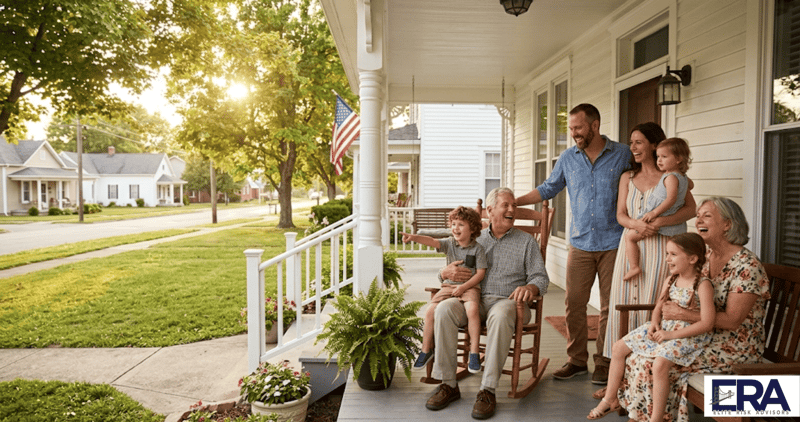 Multigenerational Kentucky family gathered on front porch representing life insurance family protection in Owensboro