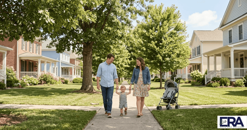 Young family with toddler walking on tree-lined sidewalk in Owensboro Kentucky neighborhood