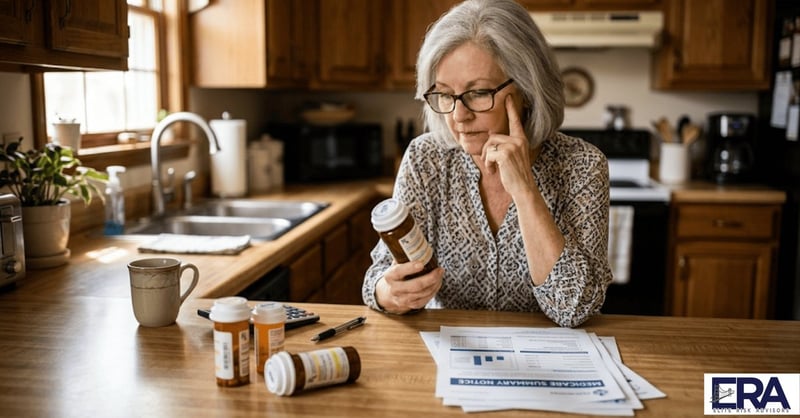 Senior reviewing prescription medications and Medicare summary notice for 2026 out-of-pocket maximum changes