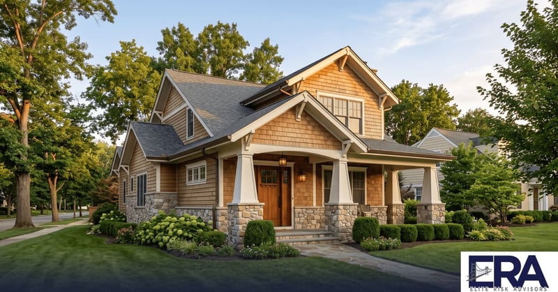 Higher-value custom craftsman home in Owensboro Kentucky with stone and woodwork detail at golden hour — guaranteed replacement cost explained by Elite Risk Advisors