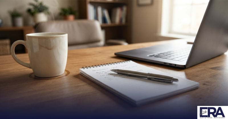 Close-up of an insurance agents desk with notepad pen and coffee mug in a warm Owensboro office — how to get an ERIE Insurance quote