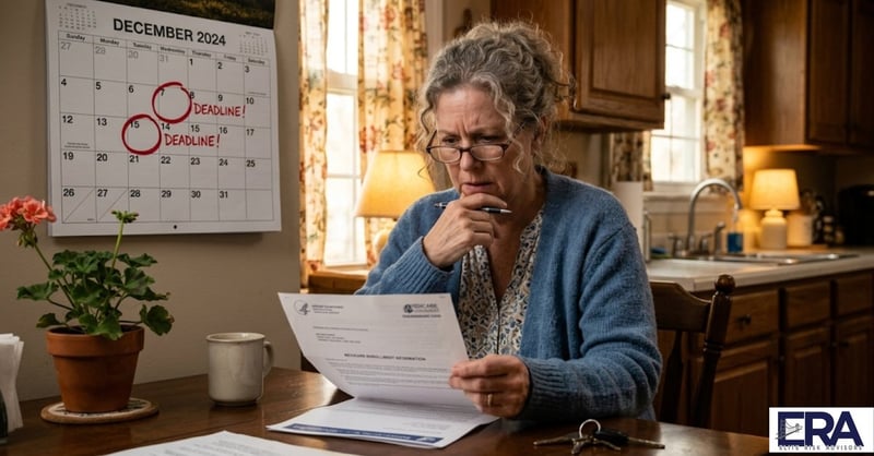 Senior reviewing Medicare enrollment deadline letter at kitchen table in Owensboro Kentucky