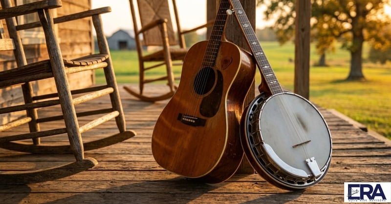 Guitar and banjo on Kentucky front porch representing musical instrument insurance in Owensboro Bluegrass Capital