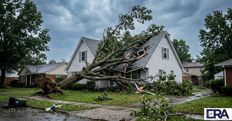 Fallen tree on residential roof after storm showing homeowners insurance claim scenario in Owensboro