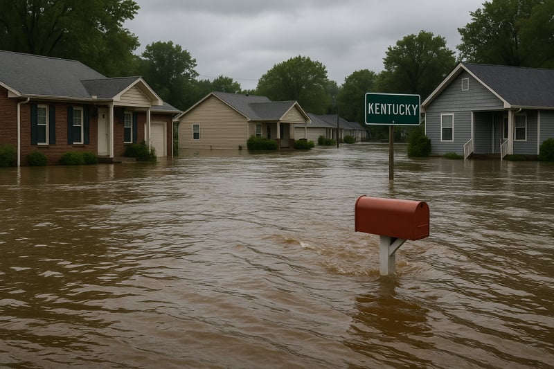 Flooded neighborhood in Owensboro, Kentucky showing homes surrounded by rising water.