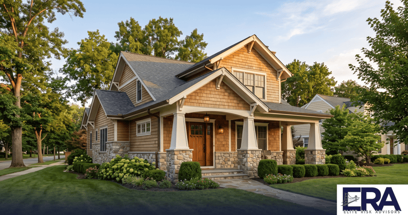 Higher-value custom craftsman home in Owensboro Kentucky with stone and woodwork detail at golden hour — guaranteed replacement cost explained by Elite Risk Advisors