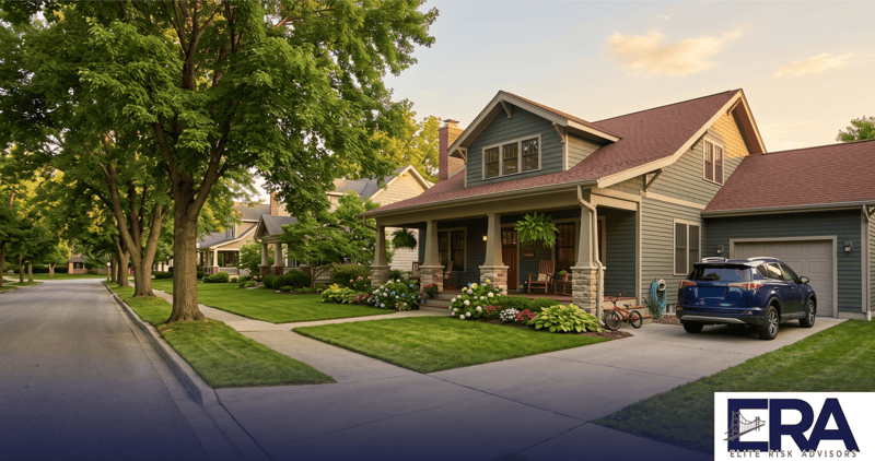 Welcoming Owensboro Kentucky craftsman home with a family SUV in the driveway at golden hour — local home and auto insurance from Elite Risk Advisors