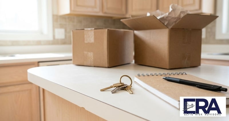 House keys and a notepad on a kitchen counter beside moving boxes