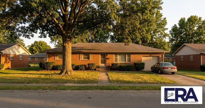 Brick ranch home in an Owensboro, Kentucky neighborhood at sunset