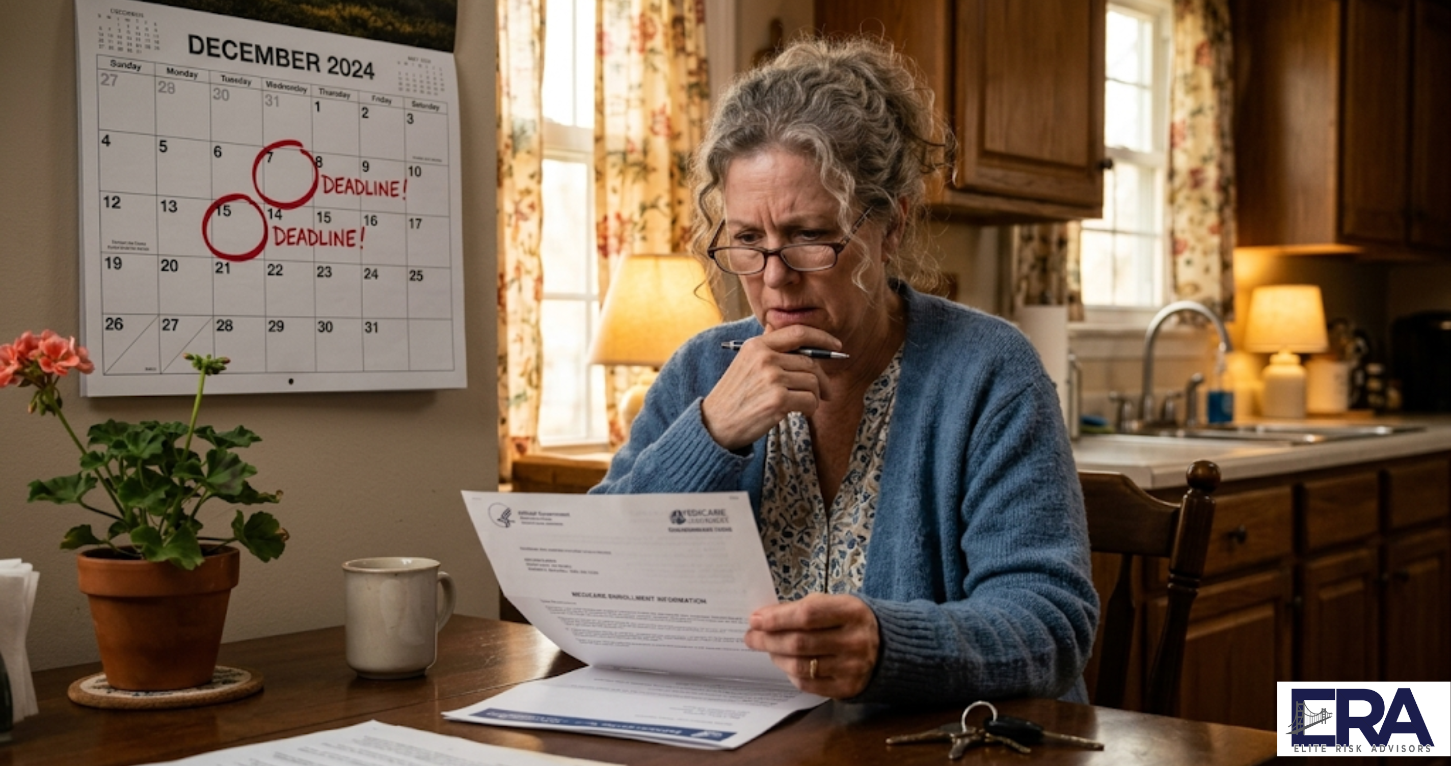 Senior reviewing Medicare enrollment deadline letter at kitchen table in Owensboro Kentucky