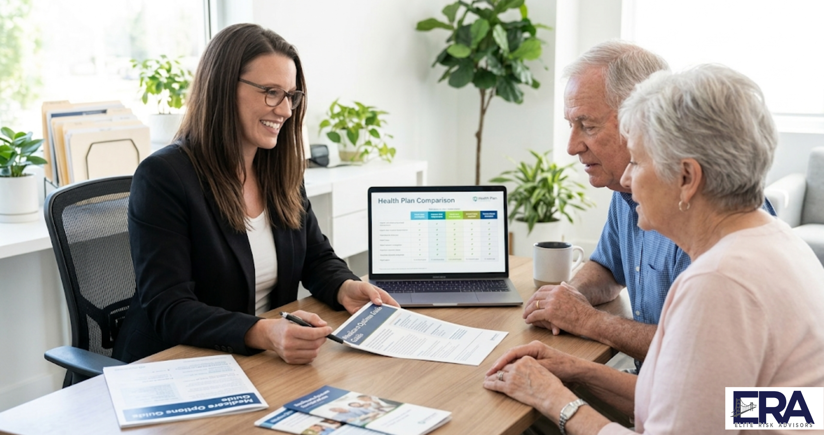 Insurance agent explaining Medicare options to senior couple at Owensboro office