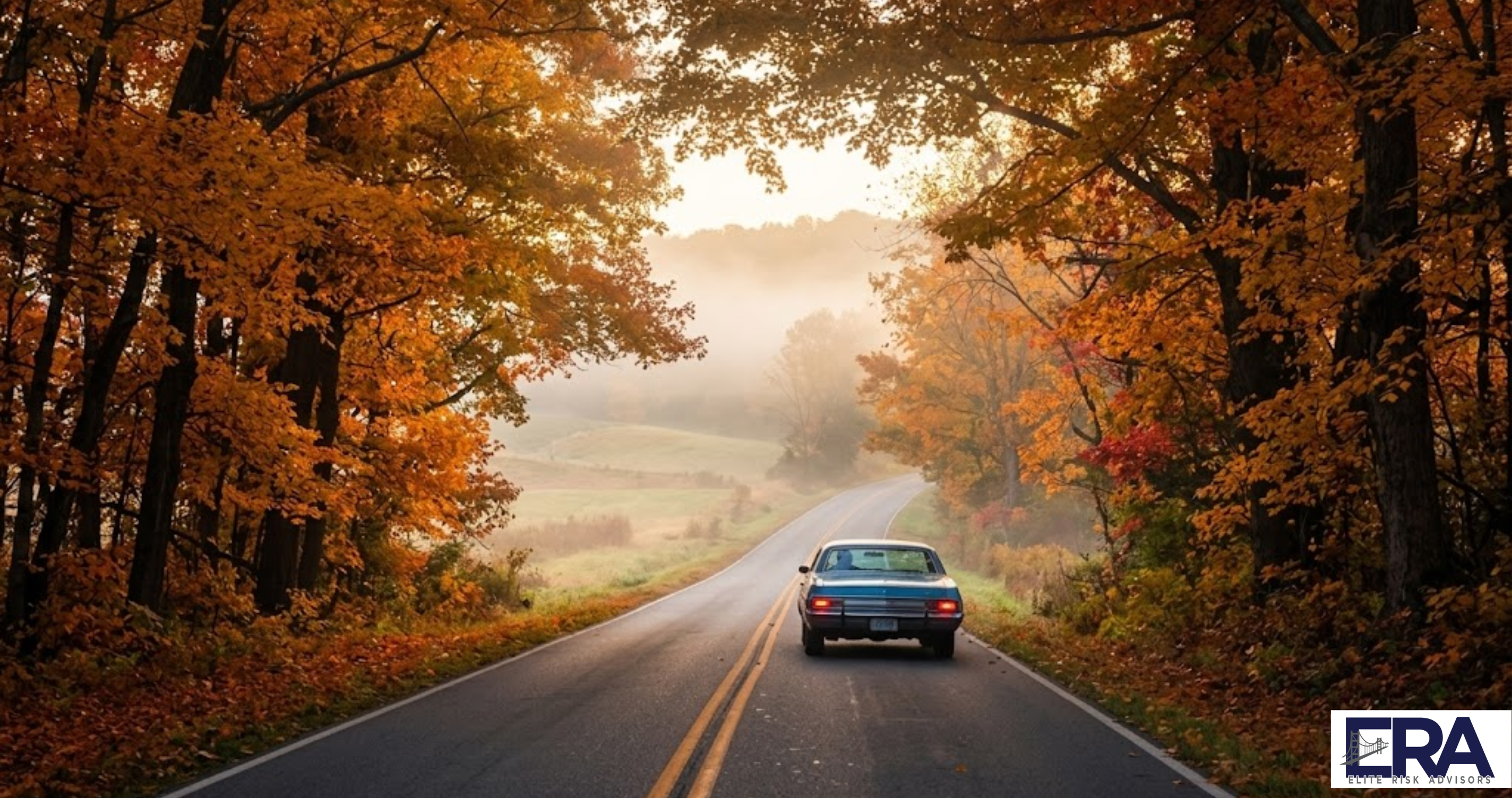 Scenic fall country road in Western Kentucky with autumn foliage and driving hazards