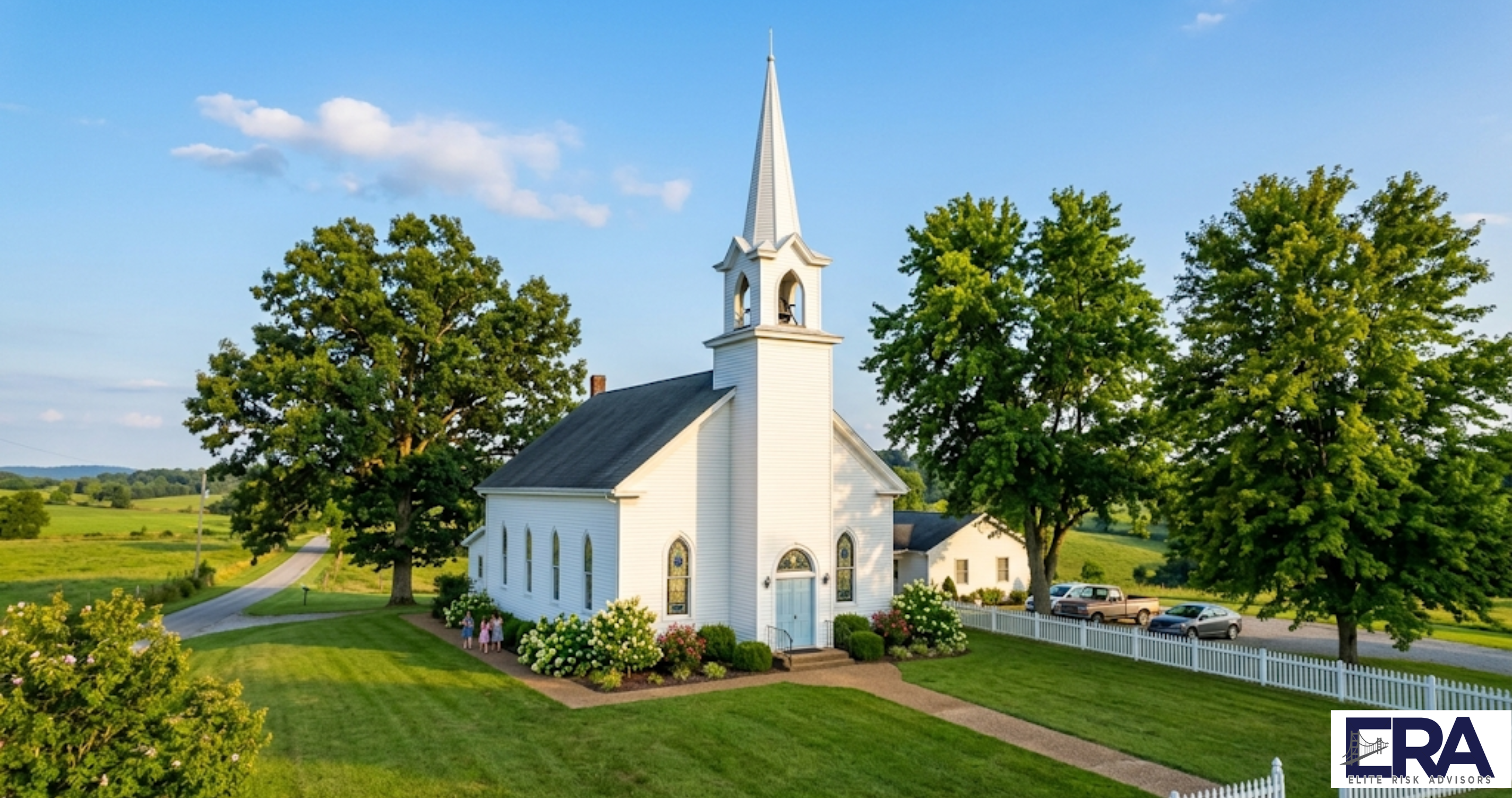 Small white church with steeple in rural Western Kentucky needing church insurance coverage