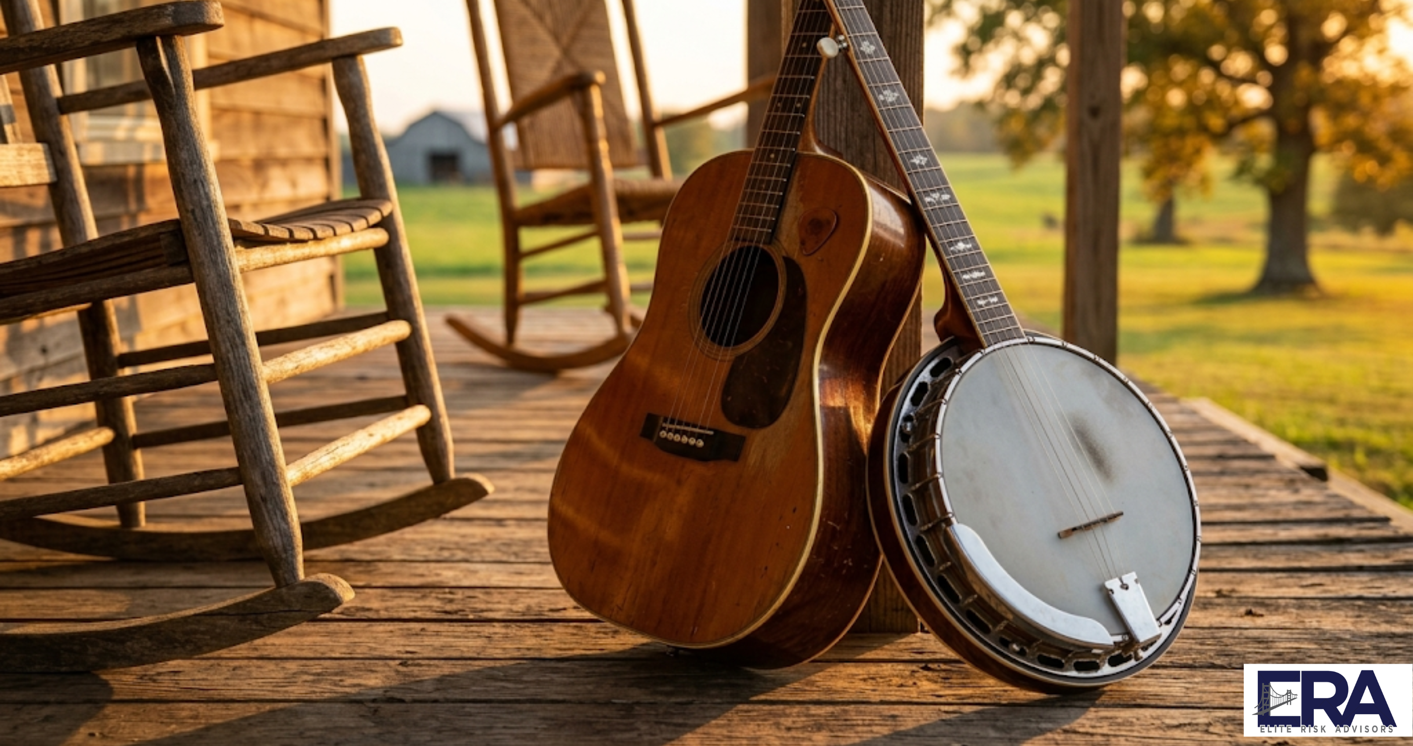 Guitar and banjo on Kentucky front porch representing musical instrument insurance in Owensboro Bluegrass Capital