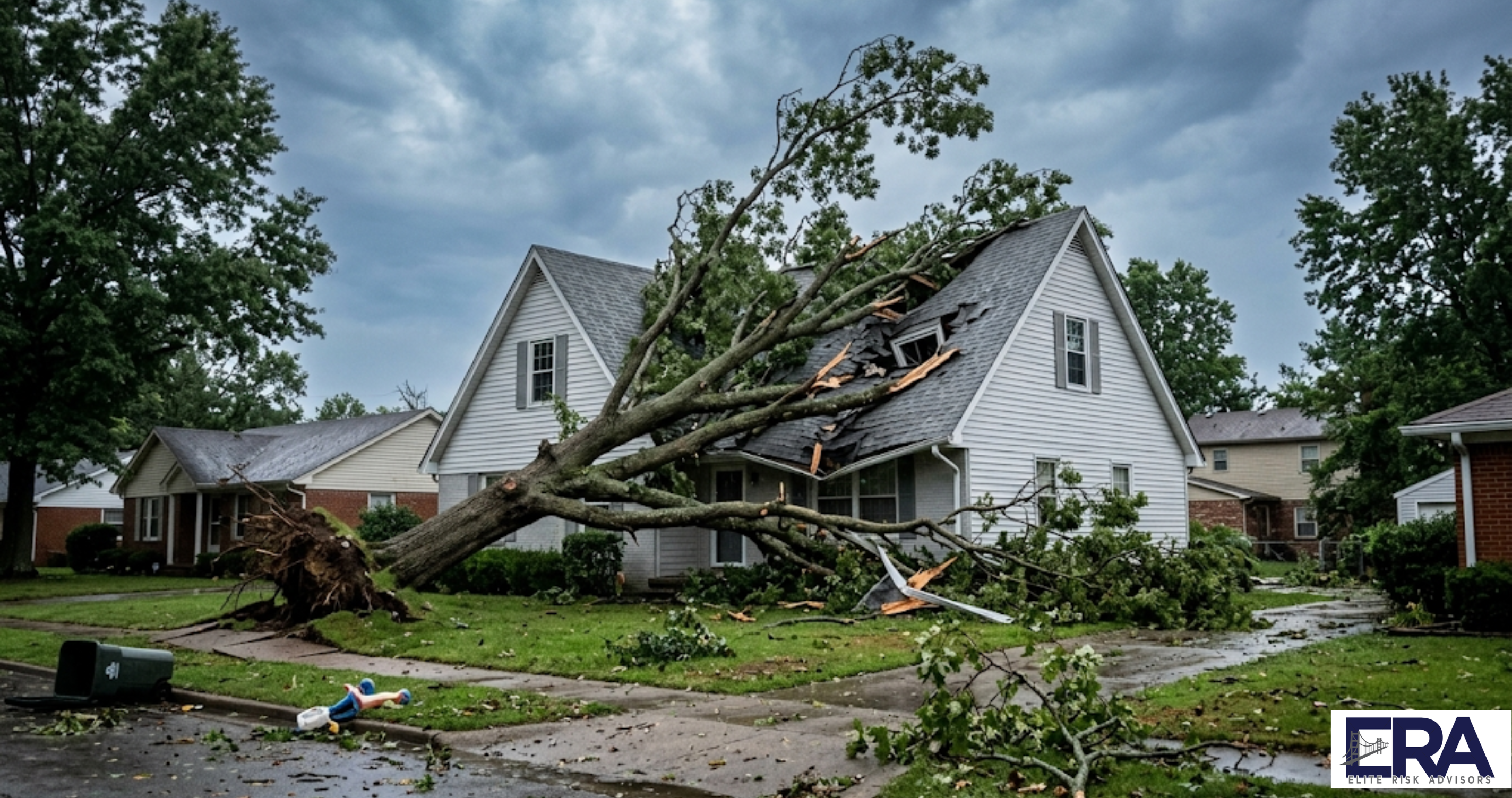 Fallen tree on residential roof after storm showing homeowners insurance claim scenario in Owensboro