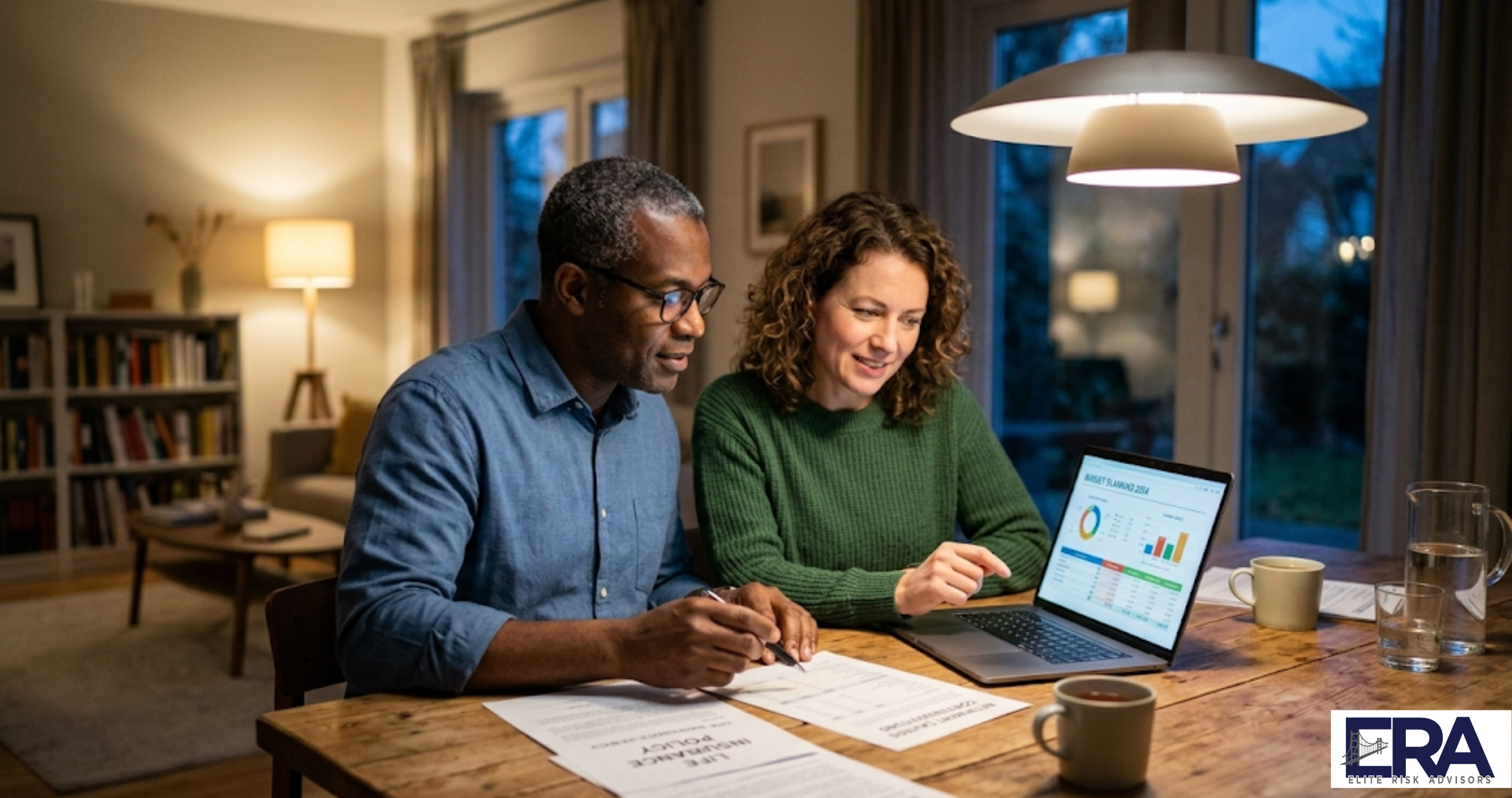 Couple reviewing life insurance and financial documents at dining table planning for family protection