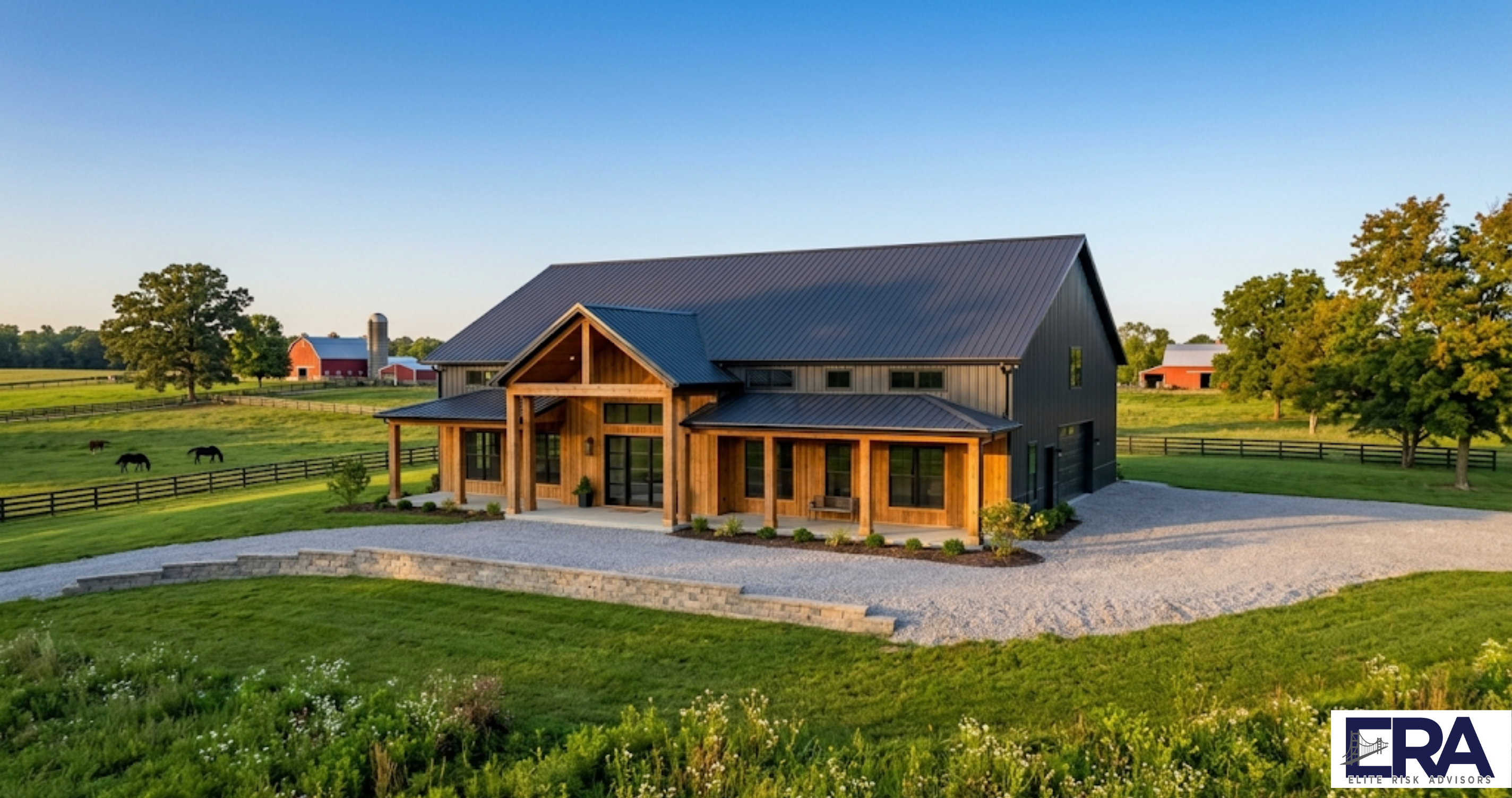 Modern barndominium post-frame home on rural Western Kentucky property needing specialized insurance