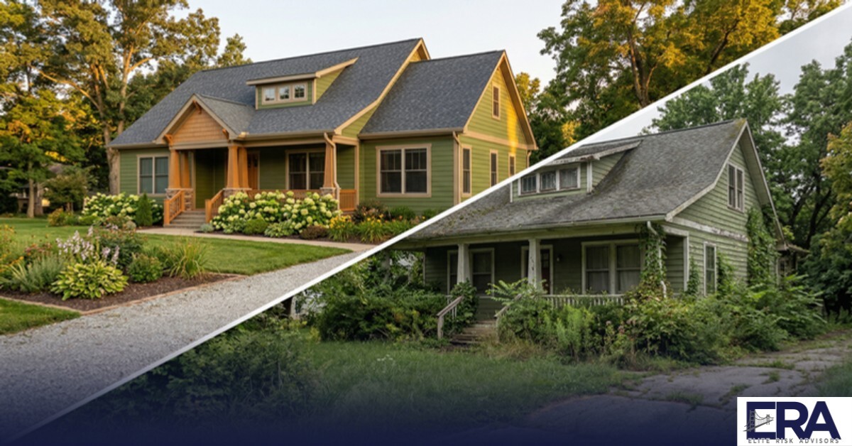 Same Kentucky home shown in pristine condition versus aging and weathered — guaranteed replacement cost vs actual cash value explained by Elite Risk Advisors Owensboro