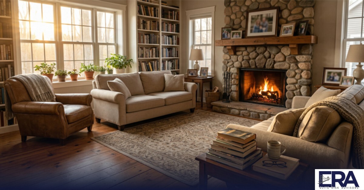 Warm Kentucky living room interior with hardwood floors fireplace and comfortable furniture — is ERIE Insurance right for you Owensboro