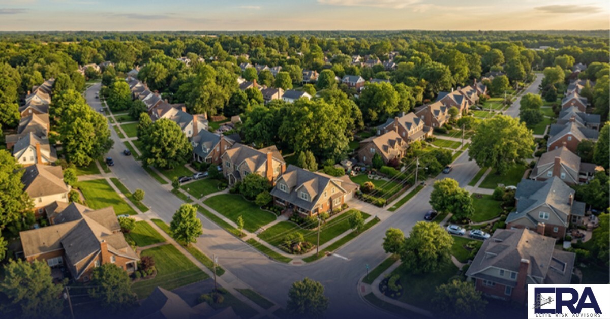 Aerial view of a tree-lined residential neighborhood in Owensboro Kentucky at golden hour — moving to Owensboro insurance guide by Elite Risk Advisors