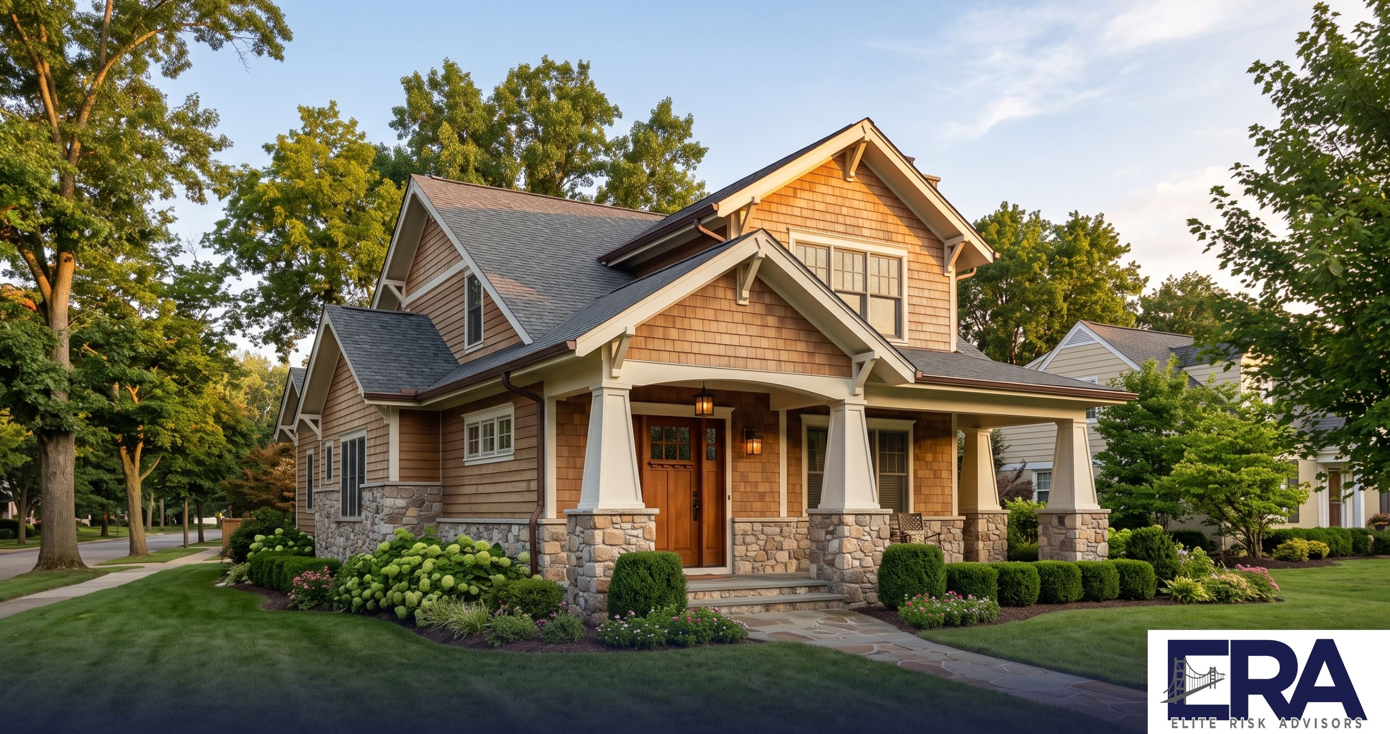 Higher-value custom craftsman home in Owensboro Kentucky with stone and woodwork detail at golden hour — guaranteed replacement cost explained by Elite Risk Advisors