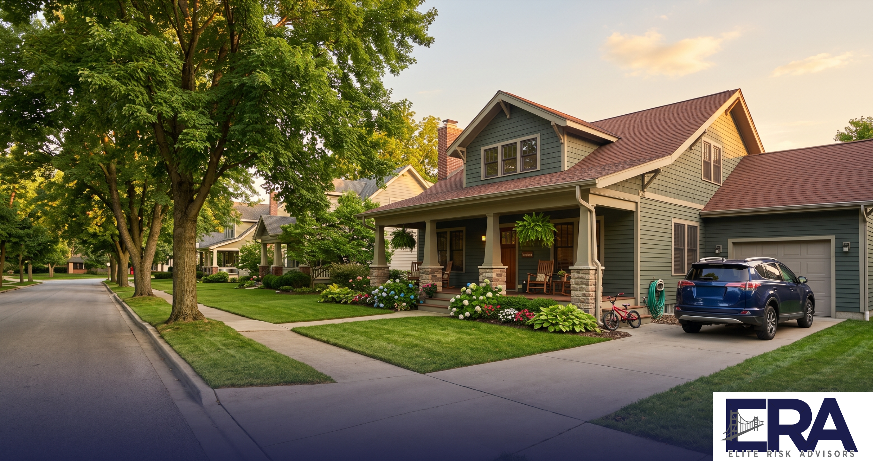 Welcoming Owensboro Kentucky craftsman home with a family SUV in the driveway at golden hour — local home and auto insurance from Elite Risk Advisors